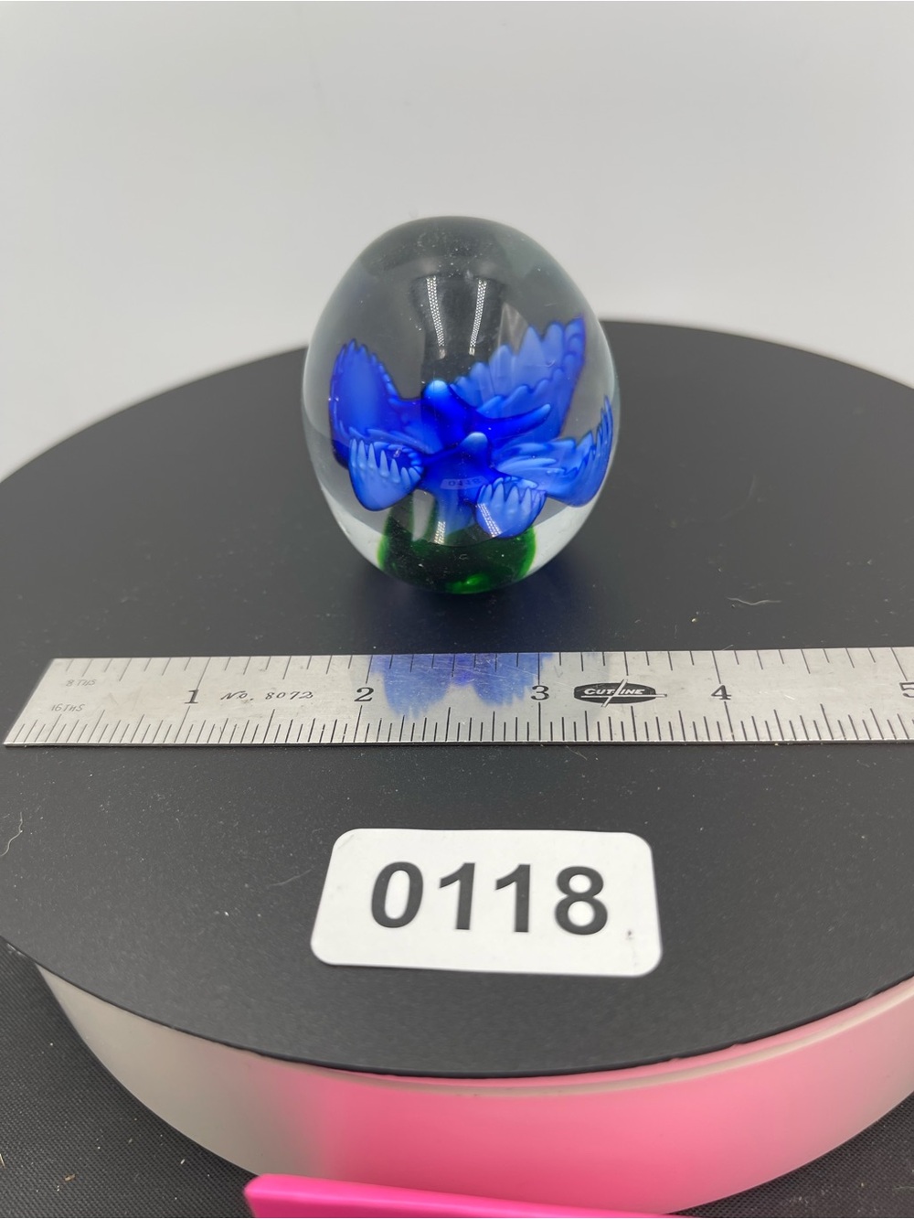 Handblown Glass Paperweight with Blue Floral Interior
